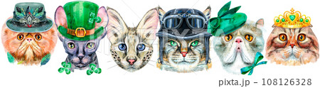 Border of portraits of cats of different breeds with accessories. Watercolor hand drawn illustration Border of portraits of cats of different breeds with accessories. Watercolor hand drawn illustration 108126328