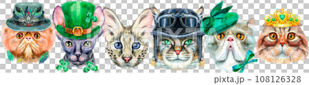Border of portraits of cats of different breeds with accessories. Watercolor hand drawn illustration Border of portraits of cats of different breeds with accessories. Watercolor hand drawn illustration 108126328