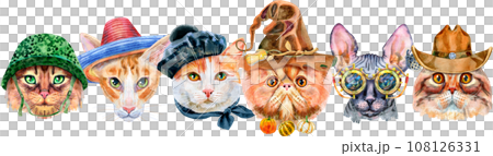 Border of portraits of cats of different breeds with accessories. Watercolor hand drawn illustraition 108126331
