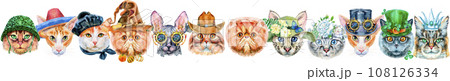 Border of portraits of cats of different breeds with accessories. Watercolor hand drawn illustraition 108126334