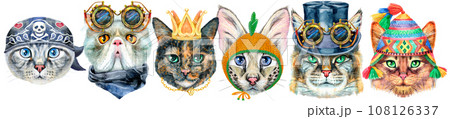 Border of portraits of cats of different breeds with accessories. Watercolor hand drawn illustration 108126337