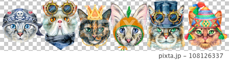 Border of portraits of cats of different breeds with accessories. Watercolor hand drawn illustration 108126337