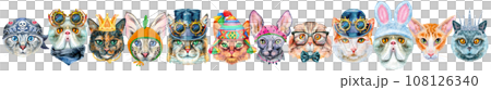 Border of portraits of cats of different breeds with accessories. Watercolor hand drawn illustration Border of portraits of cats of different breeds with accessories. Watercolor hand drawn illustration 108126340