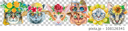 Border of portraits of cats of different breeds with accessories. Watercolor hand drawn illustration Border of portraits of cats of different breeds with accessories. Watercolor hand drawn illustration 108126341