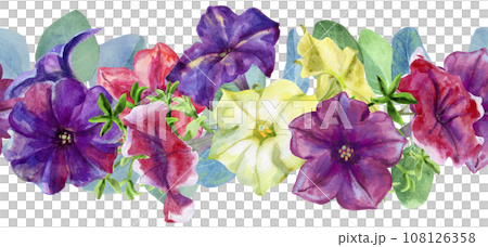 Seamless border of cute petunia flowers. Watercolor illustration 108126358