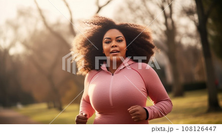 Plump Young African American woman jogging through an autumn city park. 108126447