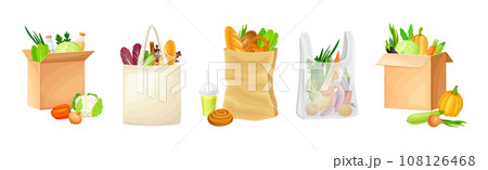 Shopping Bags Full of Grocery Product and Purchase Vector Set 108126468