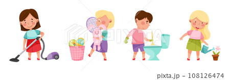 Funny Children Doing Cleanup and Domestic Chores Vector Set 108126474