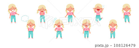 Little Blonde Girl Character with Facial Expression Vector Set 108126479