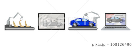 Car Production and Assembly Line Process with Industrial Robotic Arm and Equipment Vector Set 108126490