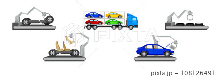 Car Production and Assembly Line Process with Industrial Robotic Arm and Equipment Vector Set Car Production and Assembly Line Process with Industrial Robotic Arm and Equipment Vector Set 108126491