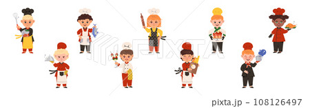 Little Children Chef Character in Toque and Uniform Cooking Meal Vector Set Little Children Chef Character in Toque and Uniform Cooking Meal Vector Set 108126497