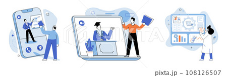 Online communication. Vector illustration. Virtual meetings offer convenient way to meet and collaborate remotely Conducting online interviews allows for efficient knowledge exchange and talent Online communication. Vector illustration. Virtual meetings offer convenient way to meet and collaborate remotely Conducting online interviews allows for efficient knowledge exchange and talent 108126507