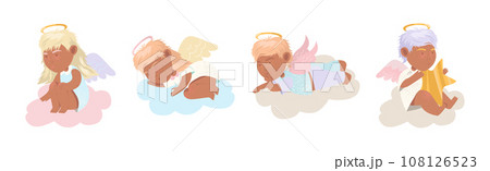 Cute Baby Angel Character with Wing and Nimbus Vector Set Cute Baby Angel Character with Wing and Nimbus Vector Set 108126523