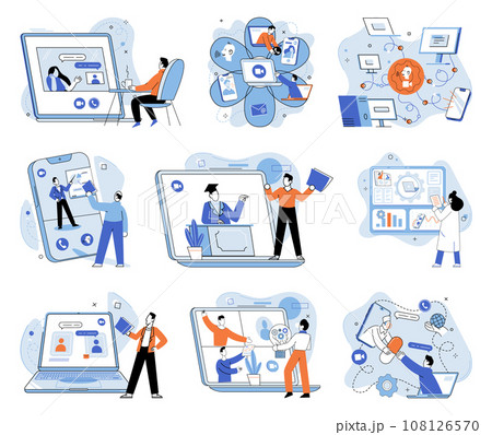 Online communication. Vector illustration. The online communication concept encompasses various digital channels and platforms Gathering information through online sources provides wealth knowledge Online communication. Vector illustration. The online communication concept encompasses various digital channels and platforms Gathering information through online sources provides wealth knowledge 108126570