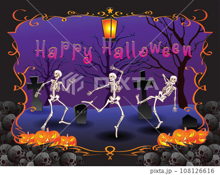 vector image of dancing skeletons with the inscription happy halloween in cartoon vintage style vector image of dancing skeletons with the inscription happy halloween in cartoon vintage style 108126616