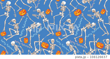 seamless texture for printing on fabric and paper of dancing skeletons with Happy Halloween symbols seamless texture for printing on fabric and paper of dancing skeletons with Happy Halloween symbols 108126637