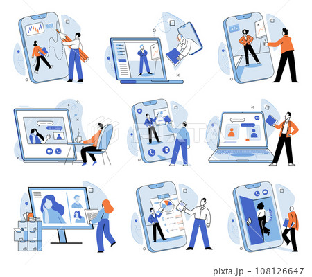 Video conference. Vector illustration. Joining video conference eliminates need for travel and reduces costs Cyberspace becomes virtual arena for productive discussions during video conference Video conference. Vector illustration. Joining video conference eliminates need for travel and reduces costs Cyberspace becomes virtual arena for productive discussions during video conference 108126647