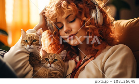 Beautiful red-haired girl sits in cozy chair with her eyes closed, wearing headphones, hugging cat Beautiful red-haired girl sits in cozy chair with her eyes closed, wearing headphones, hugging cat 108126649