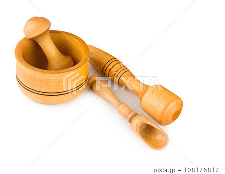 Wooden mortar and pestle isolated on white . 108126812