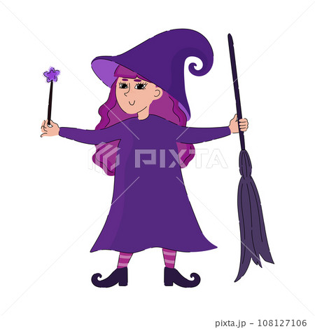 Cute cartoon witch with magic wand and broom. Hand drawn Halloween vector illustration 108127106