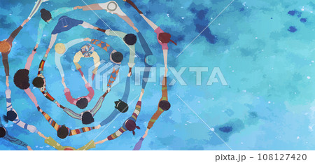 Group people in circle from diverse culture holding hands.Teamwork and cooperation.Community of friends or volunteers committed to social issues for peace and the environment.Top view.Equal Group people in circle from diverse culture holding hands.Teamwork and cooperation.Community of friends or volunteers committed to social issues for peace and the environment.Top view.Equal 108127420