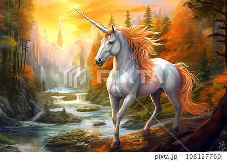 A silver-white unicorn with a red mane against the backdrop of an autumn mountain forest river at sunset A silver-white unicorn with a red mane against the backdrop of an autumn mountain forest river at sunset 108127760