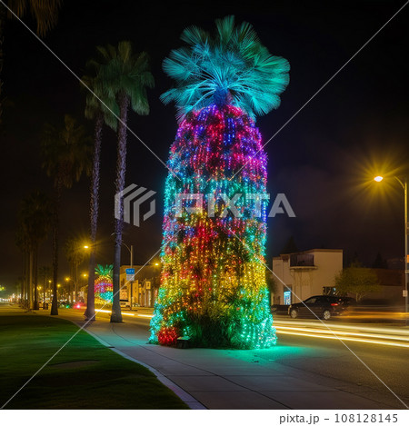 Unusual Christmas tree, palm tree decorated with multi-colored light bulbs and garlands on a dark background, creative Christmas New Year background, original wallpaper 108128145