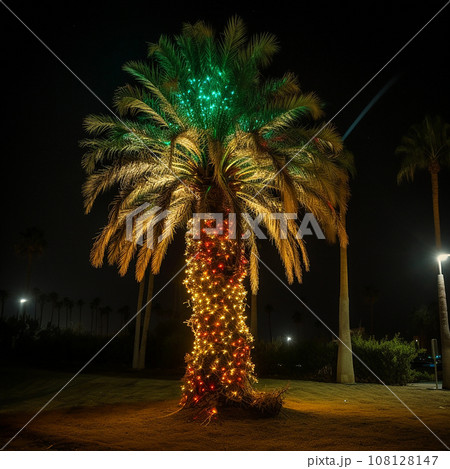 Unusual Christmas tree, palm tree decorated with multi-colored light bulbs and garlands on a dark background, creative Christmas New Year background, original wallpaper 108128147