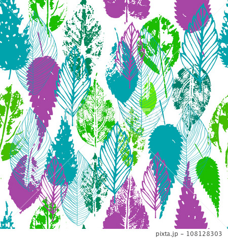 Autumn purple and blue leaves print. Seamless background. hand drawing. Not AI, Illustrat3. Vector illustration 108128303