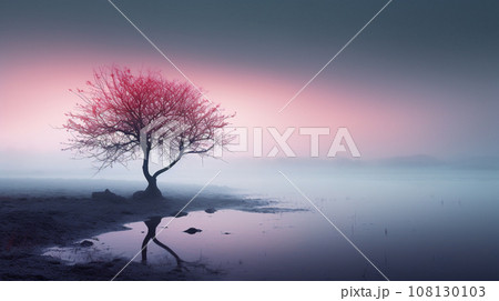 Generative Ai Illustration. Misty tree landscape. High quality photo 108130103