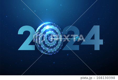 Abstract Happy 2024 New Year greeting card with arrow achieved in center of darts board. Low poly style Abstract Happy 2024 New Year greeting card with arrow achieved in center of darts board. Low poly style 108130398