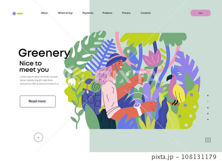 Greenery, ecology -modern flat vector concept illustration of a woman exploring the jungle and a wild bird in a tree. Metaphor of environmental sustainability and protection, closeness to nature 108131179