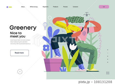 Greenery, ecology -modern flat vector concept illustration of observing people surrounded by plants. Metaphor of environmental sustainability and protection, closeness to nature Greenery, ecology -modern flat vector concept illustration of observing people surrounded by plants. Metaphor of environmental sustainability and protection, closeness to nature 108131208