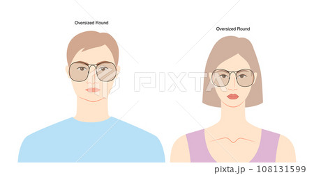 Oversized Round frame glasses on women and men flat character fashion accessory illustration. Sunglass front view unisex 108131599