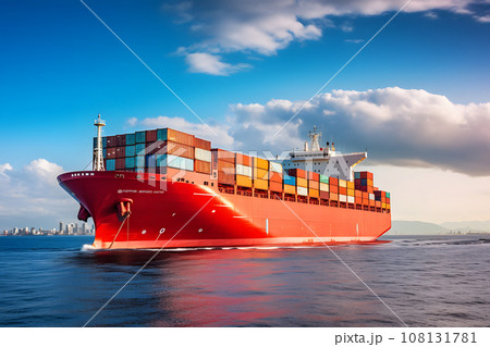 Panoramic view of a large cargo ship carrying sea containers 108131781