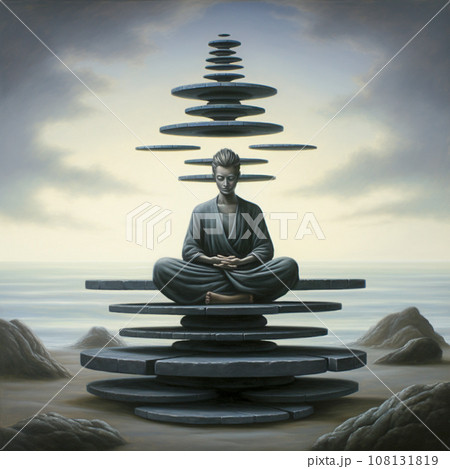 Silhouette of a meditating man doing yoga and looking at the moon 108131819