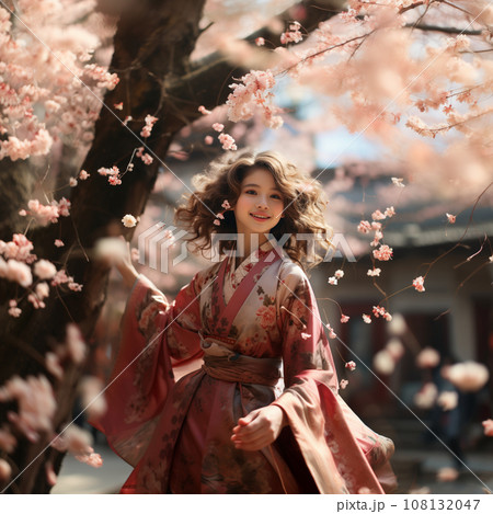 春の時期に、桜の木で赤い着物を着ている若い女性が振り返っている 108132047