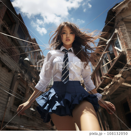 オリエンタルな街並みの間に立つ制服女子高生をローアングルショットで撮る 108132050
