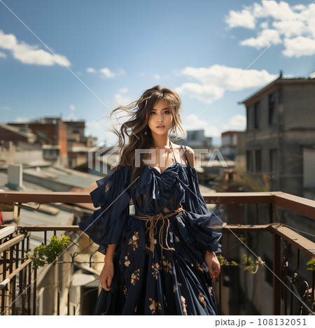 海外のテラスに立ち、真っ直ぐ見つめるドレスを着た、日本人ハーフの美人女性 108132051