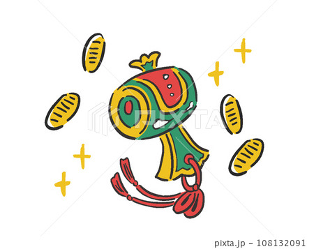 打ち出の小槌と小判の手描き風イラスト 108132091