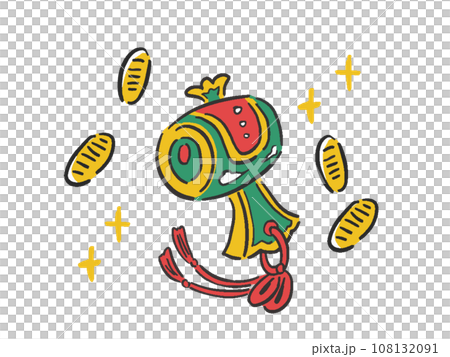 打ち出の小槌と小判の手描き風イラスト 108132091