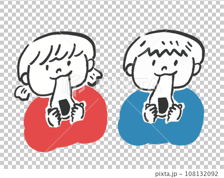 餅を食べる男の子と女の子の手描き風イラストセット　2色 108132092
