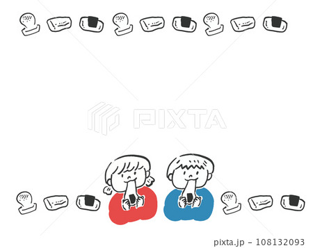 餅と餅を食べる男の子と女の子のラインフレームイラスト 108132093