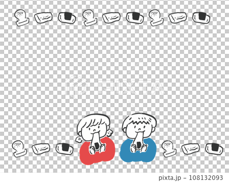 餅と餅を食べる男の子と女の子のラインフレームイラスト 108132093
