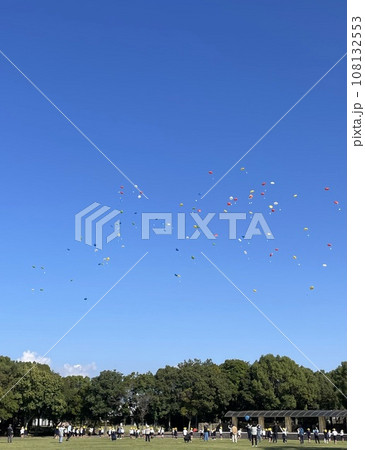 希望をこめて青空に舞う風船 108132553