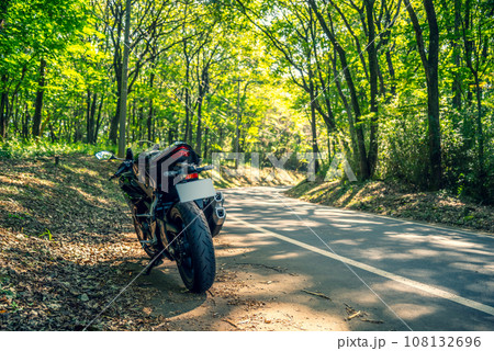 バイクツーリング 林を抜ける秋の木洩れ日の道　h-2 暖色寒色強調 108132696