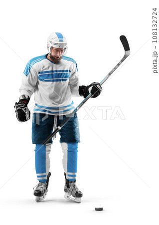 Sports failure. Sports emotions. Hockey player in a helmet and gloves and a stick in his hands on a white background. Professional hockey player. 108132724