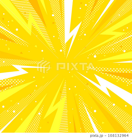 背景素材  黄色 ポップな稲妻の注目背景 雷 衝撃 集中 驚きドット 斜線 108132964