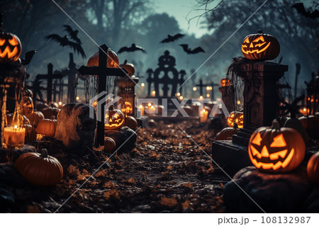 Halloween concept - spooky graveyard at night under full moon with Halloween jack-o-lantern pumpkins with glowing eyes, graves and tombstones 108132987